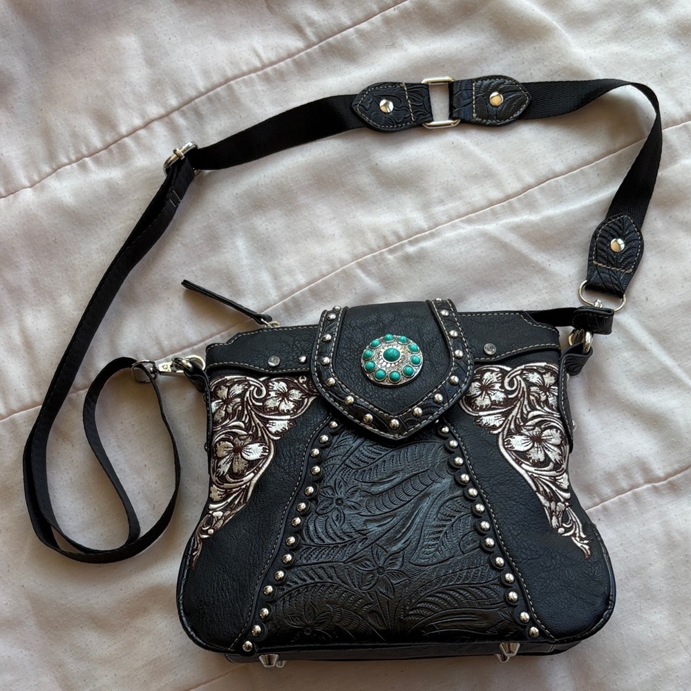 Elegant Black and Brown Crossbody Bag with Floral Accents